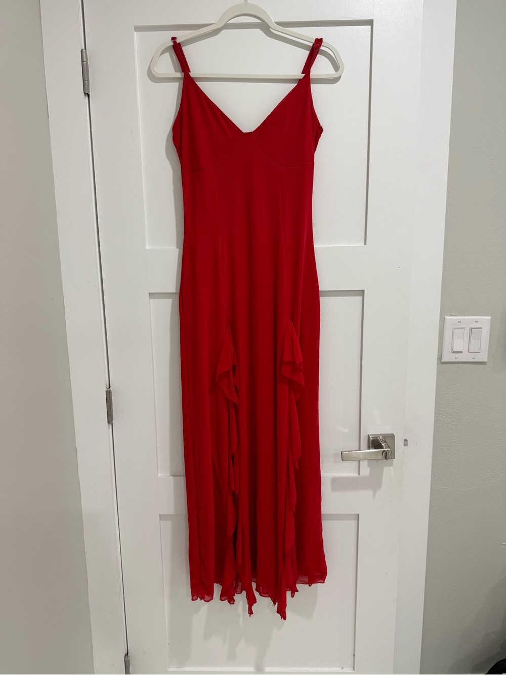 Women's Red Chiffon Maxi Dress V-Neck Sleeveless Ruffle Hem Adjustable S